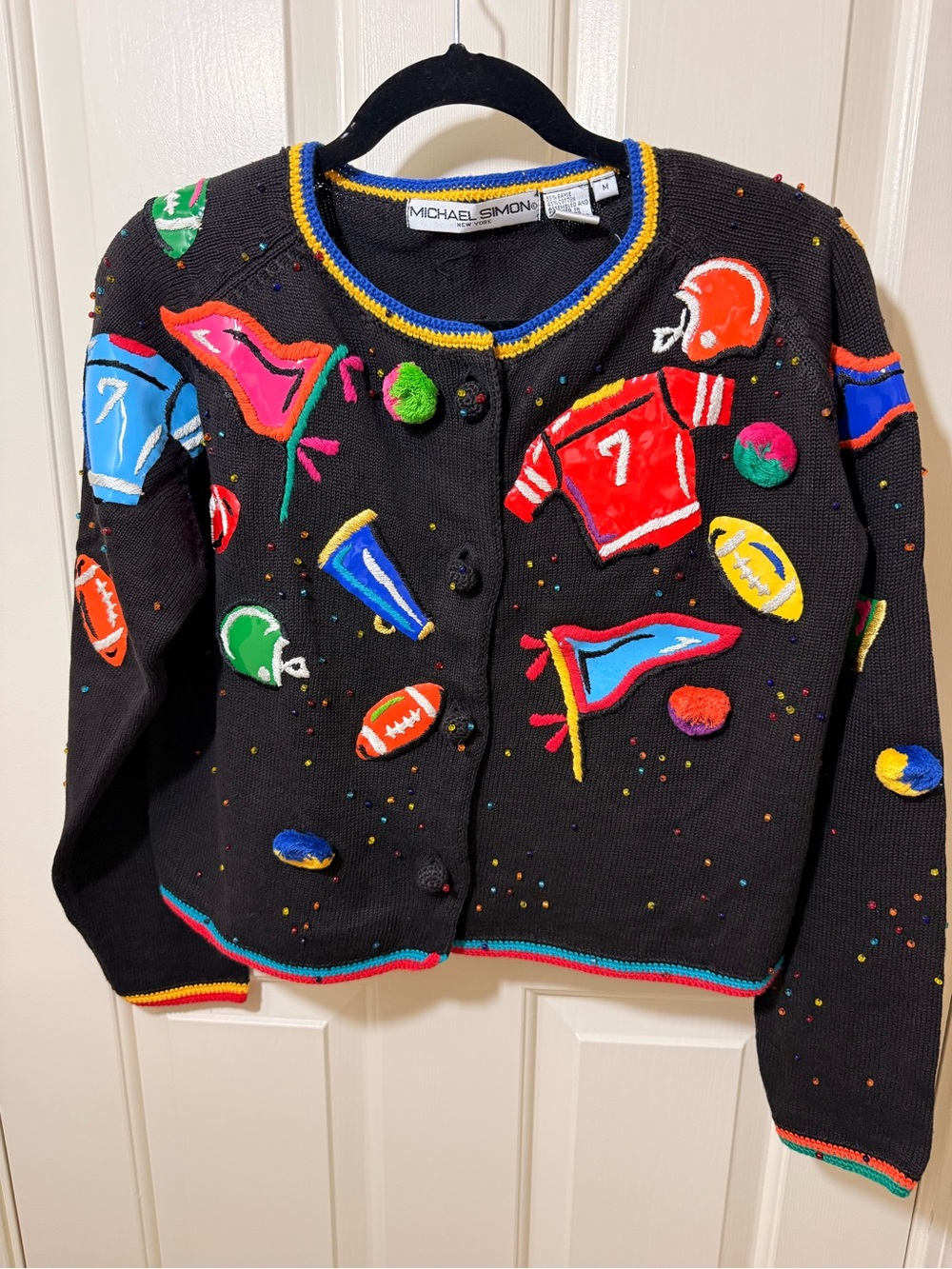 Michael Simon Black Cardigan with Bright Red, Blue, Yellow & Green Accents